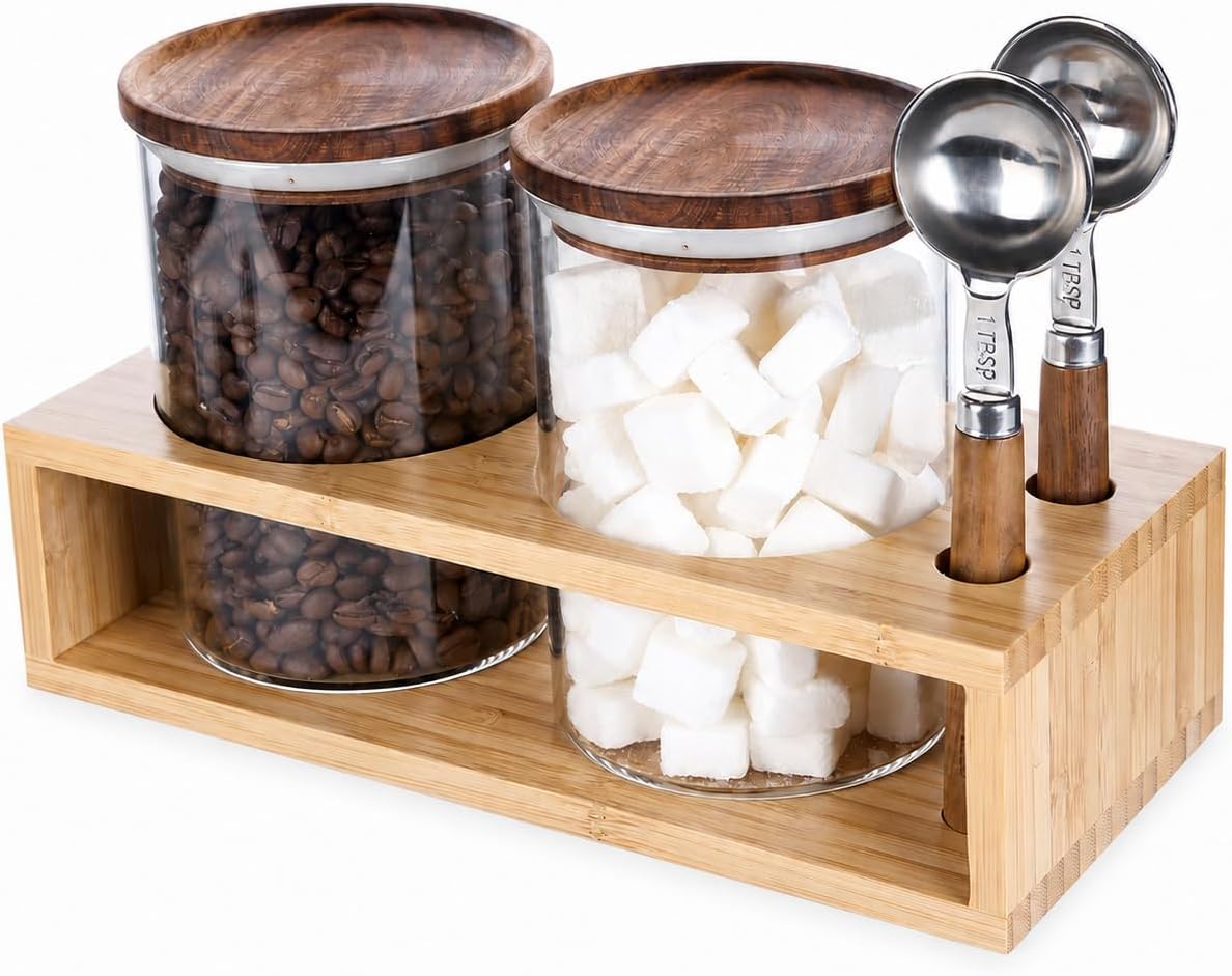 KKC HOME ACCENTS 2 Glass Coffee Canister Set with Bamboo Rack &amp; Scoops-25oz | A complete coffee bar organization set featuring 2 glass jars, airtight lids, wooden-handle scoops, and a bamboo stand.