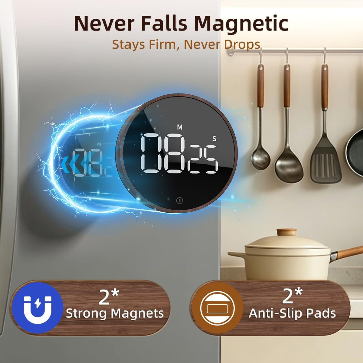 Digital Magnetic Kitchen Timer &amp; Stopwatch with LED Display, Woodgrain | Up to 99:55 Countdown &amp; Count Up , Easy Twist Control, Adjustable Volume &amp; Brightness, Magnetic Back, Battery Powered