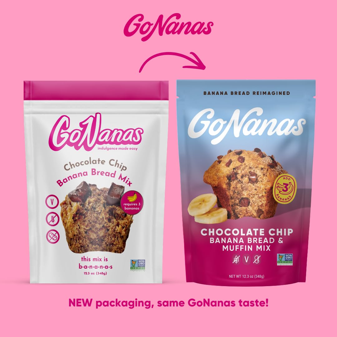 GoNanas Chocolate Chip Banana Bread &amp; Muffin Mix, Gluten Free Vegan, 3 Pack | Dairy Free, Nut Free, Soy Free | Allergen Friendly | Better for You | Customizable | Bakes 12 Muffins or 1 Loaf | Women-Owned