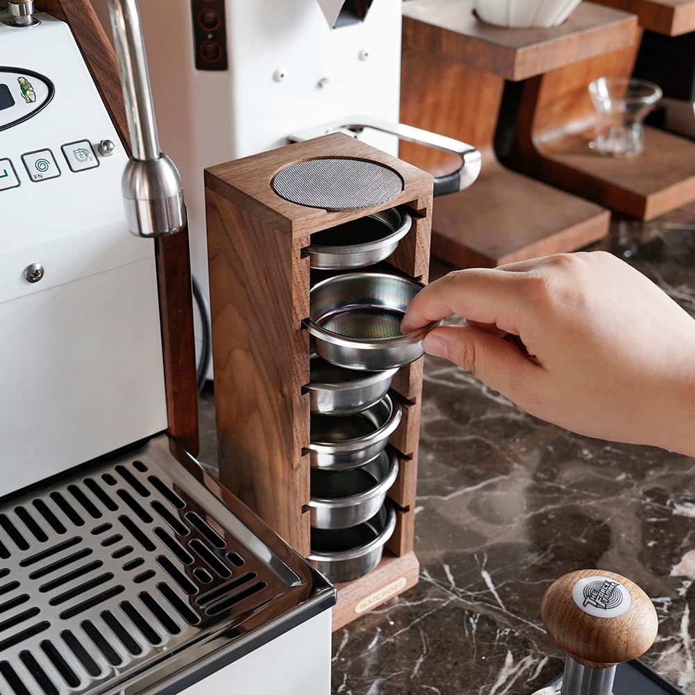 watchget 58mm Espresso Filter Basket Stand Portafilter Basket Holder Rack | Holds 6 Espresso Filter Basket; Puck Screen Holder; Walnut Wood