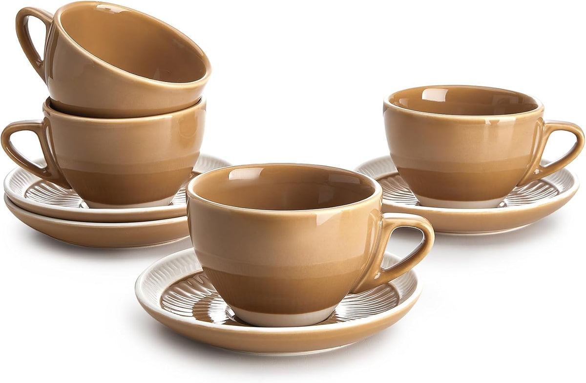 Sweese 6 Ounce Cappuccino Cups with Saucers, Porcelain Double Espresso Cups Set of 4 - Yellow