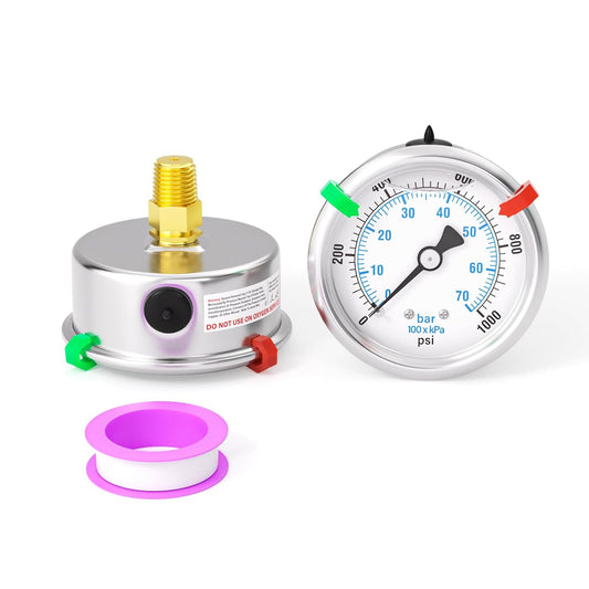 0-1000PSI Stainless Steel Liquid Filled Pressure Gauge, 2.5" Dial Size, 1/4" NPT Back Mount, for Tube, Water Pump, Gas,