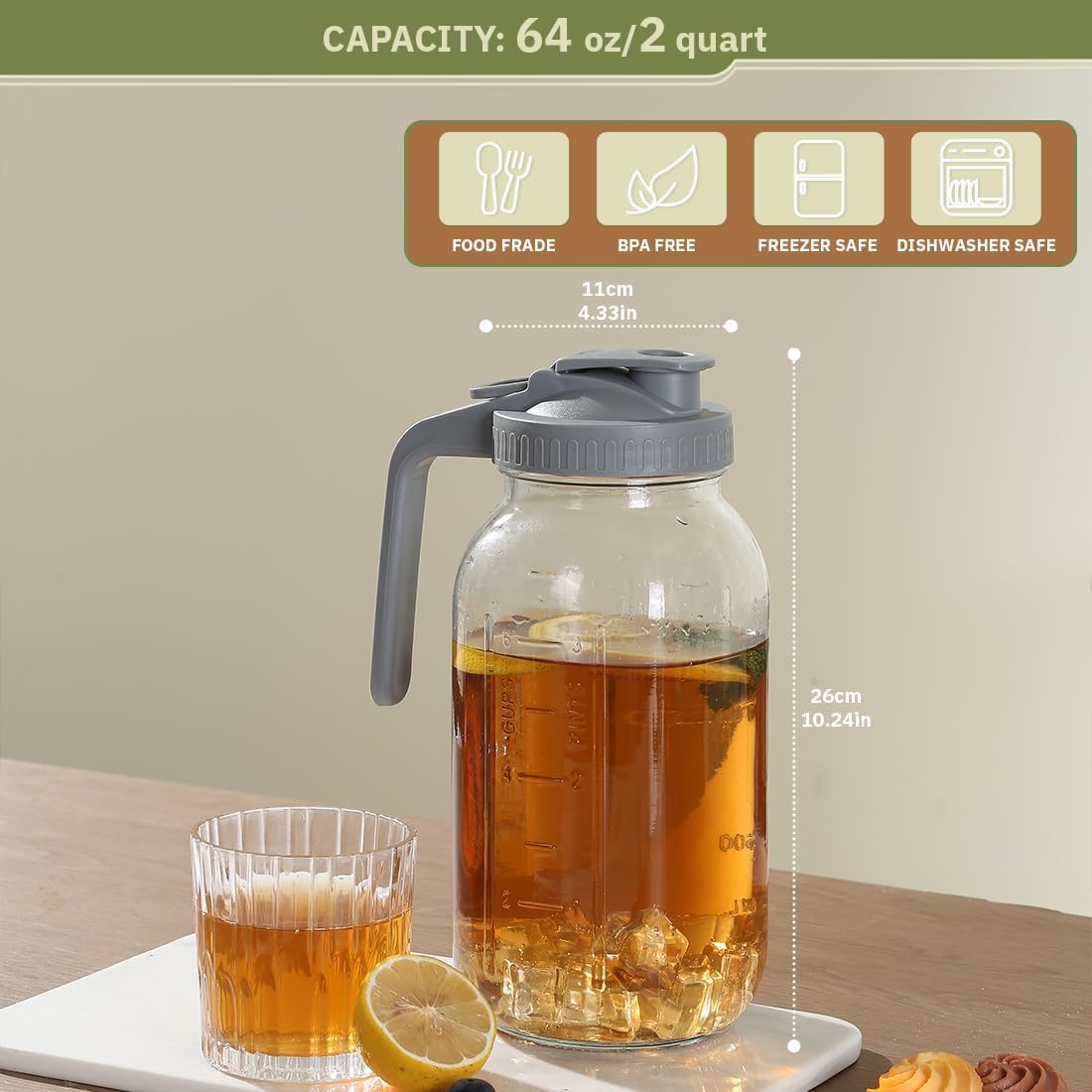 Glass Tea Pitcher with Wide Mouth Airtight Lid Leak Proof Fridge Container with Gray Lid Mason Jar for Water, Tea,Juice and Drinks (1 Pack-64OZ)