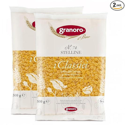 Granoro I Classici Stelline #74 - Star Pasta for Soups, Italian Durum-Wheat, Non-GMO, Vegan, 1 lb Bags (Pack of 2)