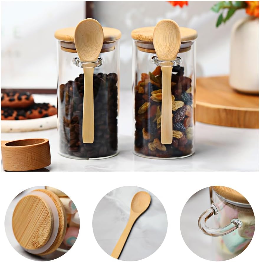 Glass Sugar Container with Spoon, 8 Pack 10oz Glass Tea Jars with Bamboo Lids and Spoons, Loose Leaf Tea Containers for Coffee Beans, Brown Sugar, Nuts, Candy, Bath Salts