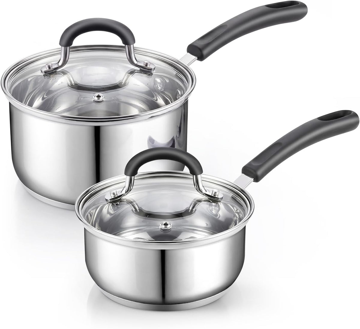 Cook N Home Saucepan Set Sauce Pot With Lid 1QT and 2QT Stainless Steel, Stay Cool Handle, silver
