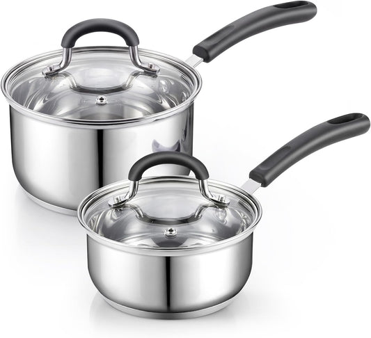 Cook N Home Saucepan Set Sauce Pot With Lid 1QT and 2QT Stainless Steel, Stay Cool Handle, silver