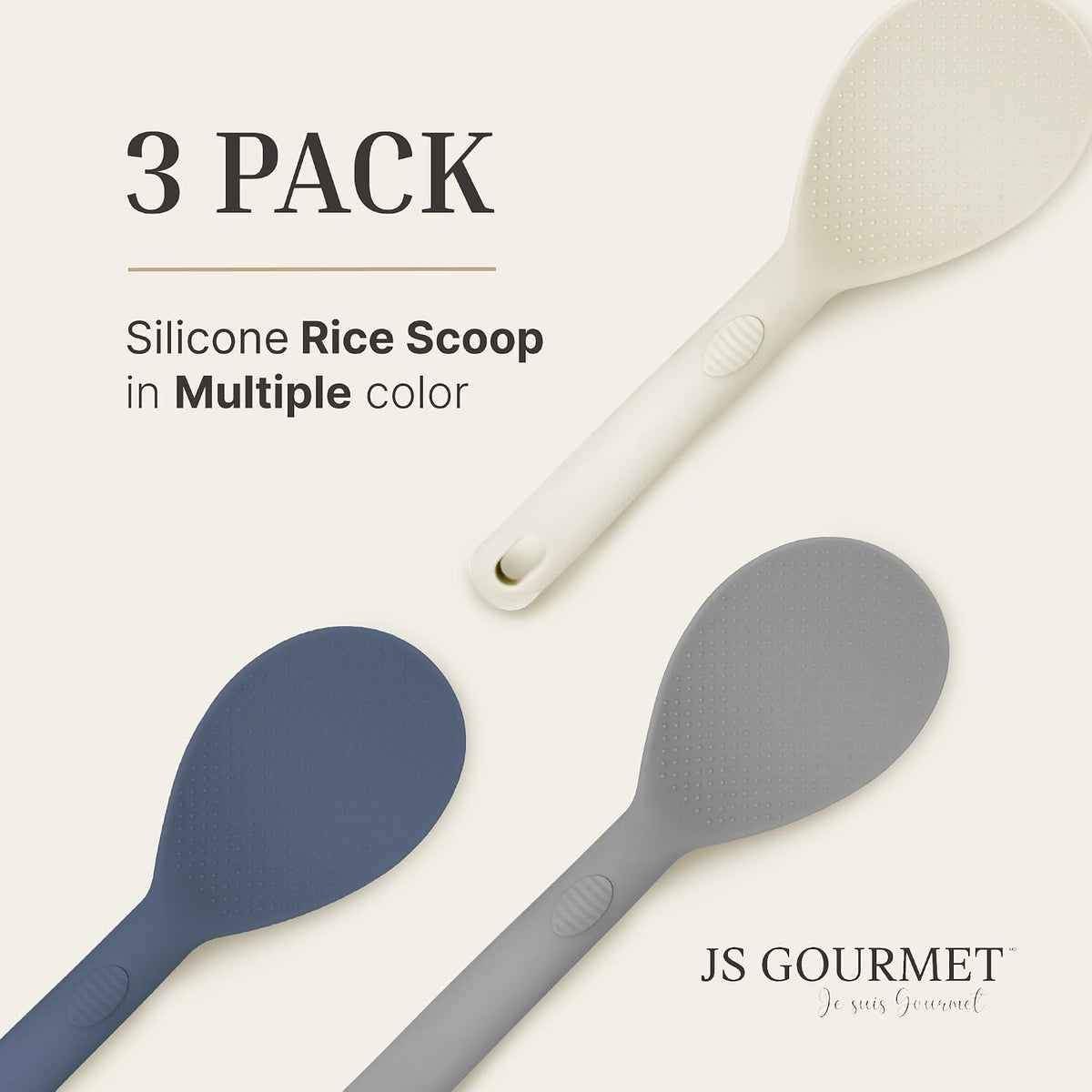 JS Gourmet 3 Pcs Colorful Silicone Rice Paddle, Heat Resistant Non-Stick Rice Spoon Spatula with Comfortable Handle for Cooking and Serving Mashed Potatoes, Scrambled Eggs, Sticky Bread Pudding