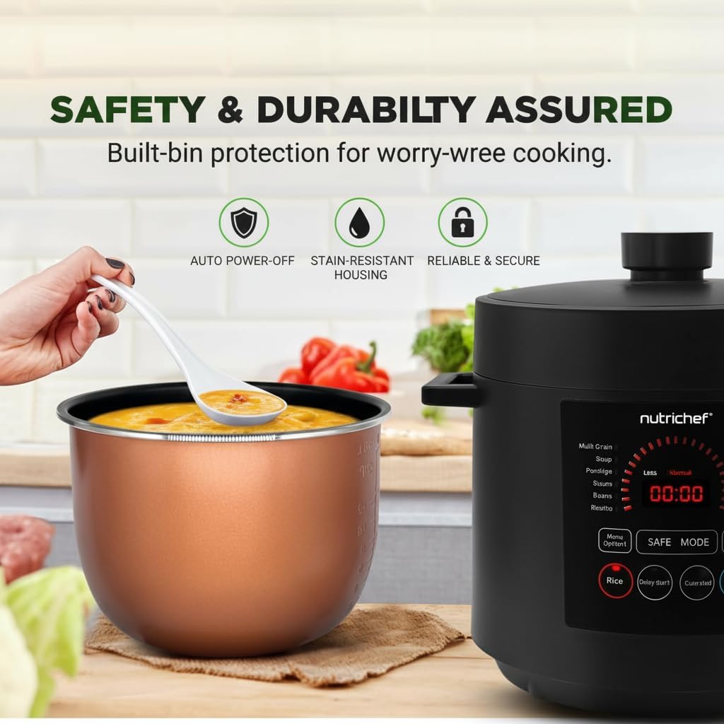 NutriChef Electric Pressure Cooker 6 Quart Capacity | 9 Function Digital Countertop Pressure Cooker | Adjustable Time & Temperature | Cook, Bake, Steam, & Braise | 13.1 x 11.4 IN | Black
