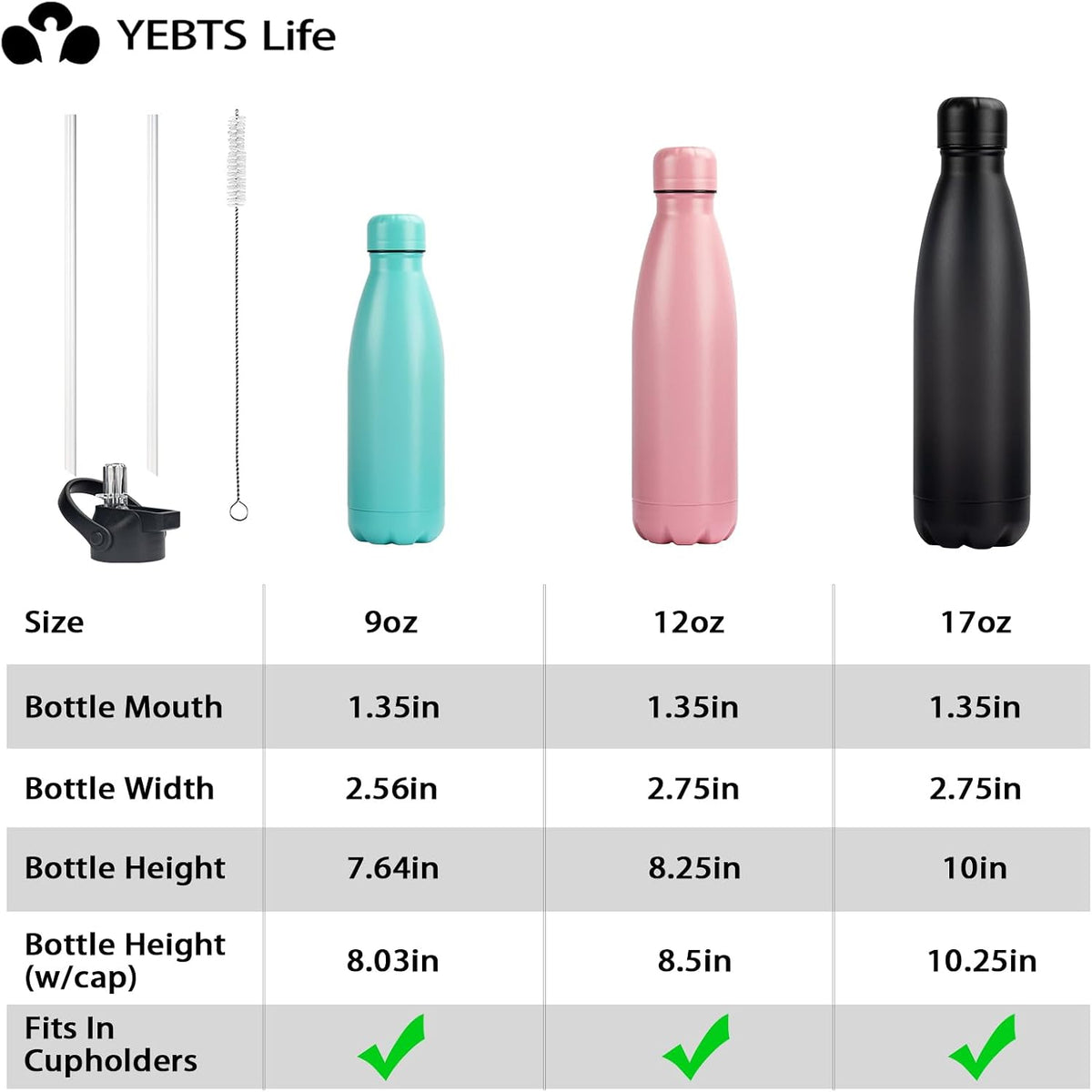 Insulated Water Bottle, 12oz Stainless Steel Water Bottles with straw lid, Metal Sports Water Bottles for Boys,Girls, Double Wall Vacuum BPA-Free Flask for School, Sports &amp; Travel-Black
