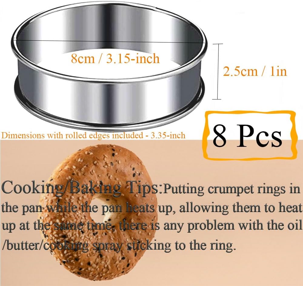 8 Pieces English Muffin Rings Crumpet Rings 3.15 Inch Stainless Steel Double Rolled Tart Ring Nonstick Metal Round Ring Mold for Kitchen Cooking Baking