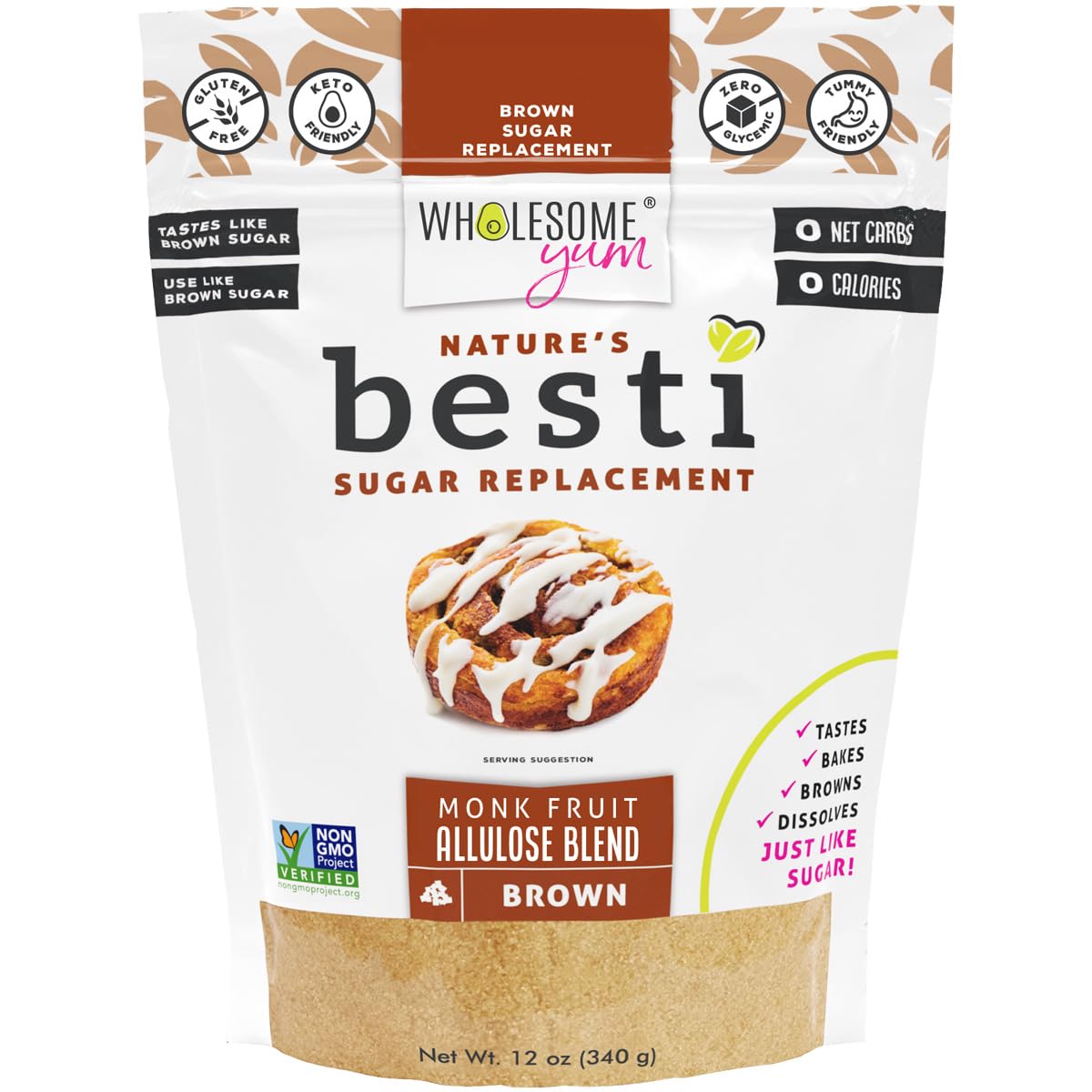 Wholesome Yum Besti Brown Sugar Substitute, Monk Fruit Allulose Sweetener | Keto Brown Allulose Blend. Moist, Sugar Free, Zero Calorie, 0 Carb, No Erythritol, Non GMO, Natural, No Aftertaste (12oz)