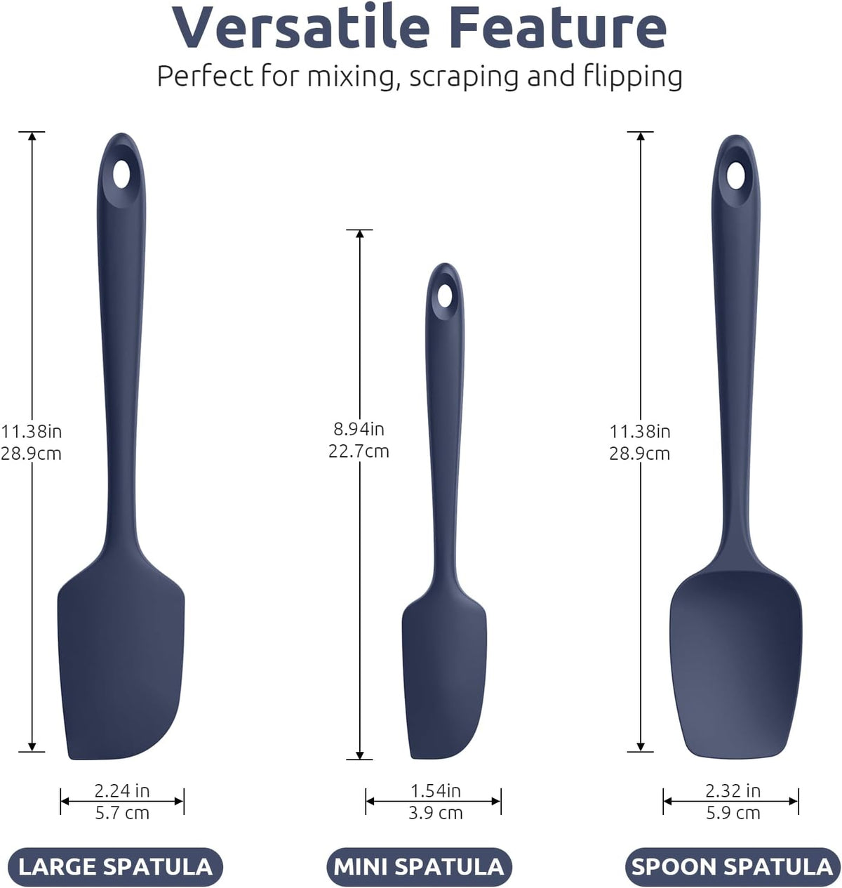 U-Taste Silicone Spatula Set, 600ºF High Heat Resistant, Seamless Food Grade Flexible Rubber Kitchen Cooking Mixing Baking Scraper for Nonstick Cookware Set of 3 (Midnight Blue)