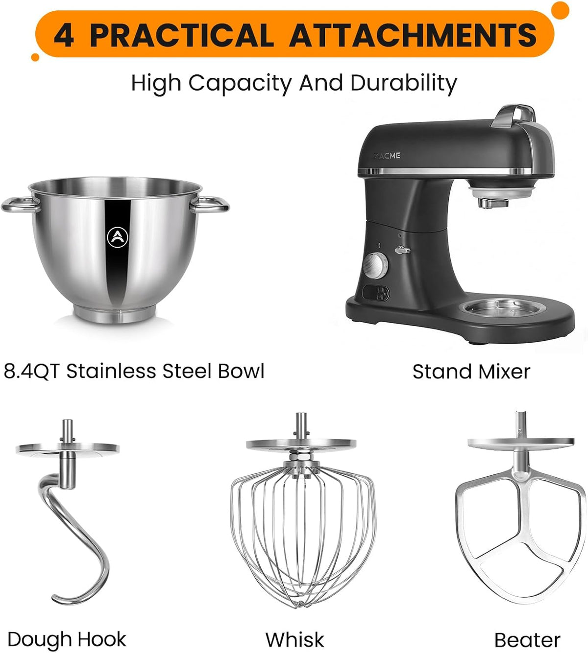 8.4QT Commercial Stand Mixer 800W with Aluminum Die Casting Meets the Standard of NSF/ANSI 8-2023, Mixers Kitchen Electric Stand Mixer with Stainless Steel 8L Bowl, Dough Hook, Whisk and Beater, Black