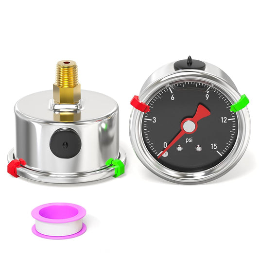 0-15PSI Stainless Steel Glycerin Filled Pressure Gauge 1.5" Black Dial Size, 1/8" NPT Back Mount, for Tube, Water Pump, Gas,
