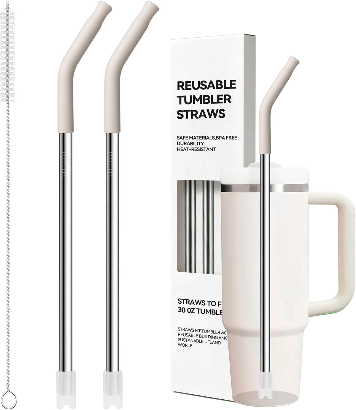 Metal Straw Reusable for Stanley 30 OZ Tumbler,11″ Long Stainless Steel Drinking Straws with Black Silicone Tip for STANLEY Quencher 30 oz Cups, 1 Straw Brush, 100% BPA Free Dishwasher Safe(Cream Gray