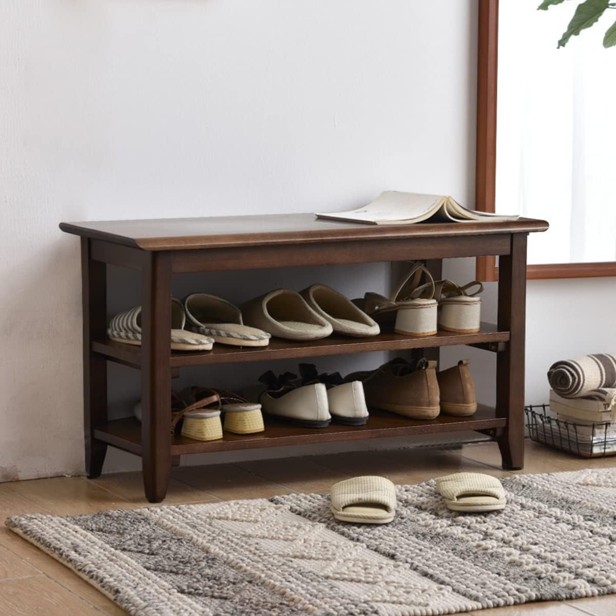 XKZG Storage Bench Wooden Shoe Rack Bench Rustic Solid Wood Entryway Bench (Brown,31.5")