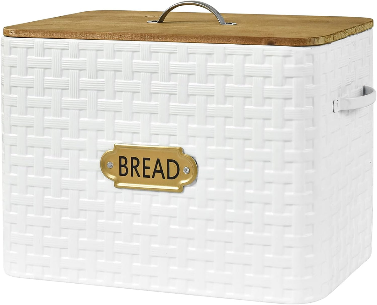 Extra Large Space Saving Farmhouse Bread Box With Wood Lid - Vertical Breadbox Bread Storage Bin Holder for Kitchen Countertop, White