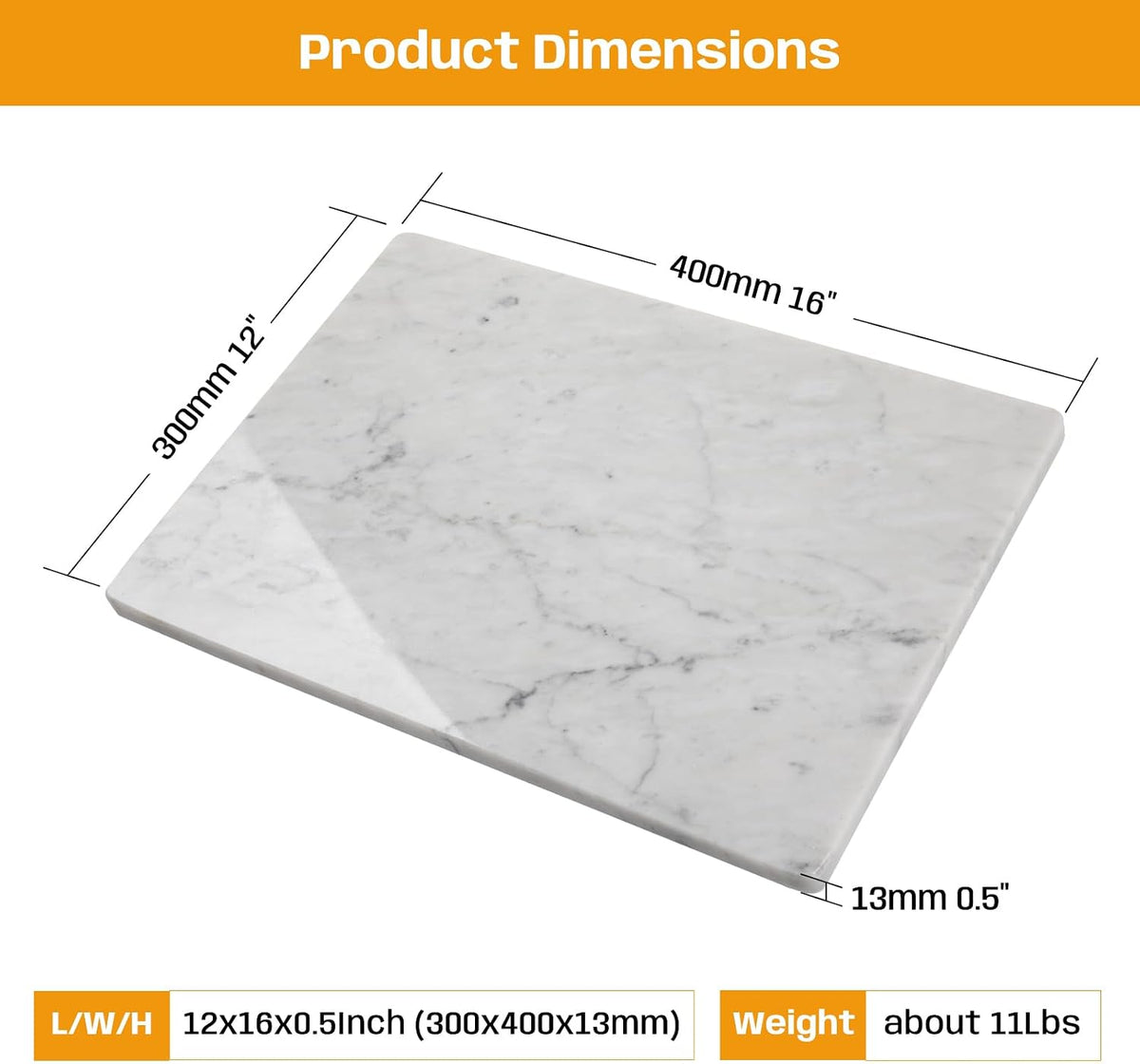 Carrara White Marble Cutting Board, 12×16 Inch Marble Pastry Board | ﻿Natural Marble Slab, Non-slip Feet, Stay Cool for Dough/Butter, Ideal for Pastry, Cheese, Charcuterie, Pizza, Bread