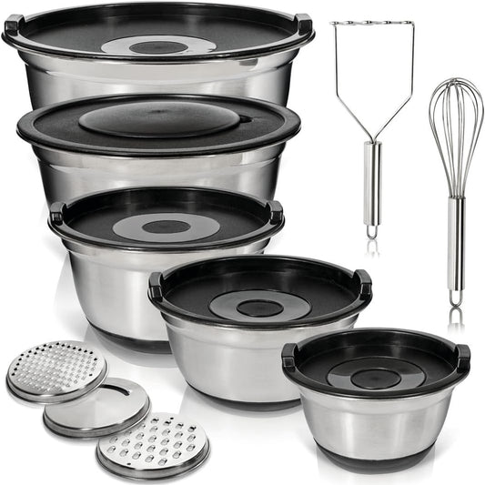 WHYSKO Stainless Steel Mixing Bowls with Lids Set - 5 Rustproof Metal Nesting Mixing Bowls for Kitchen, Meal Prep, Baking,