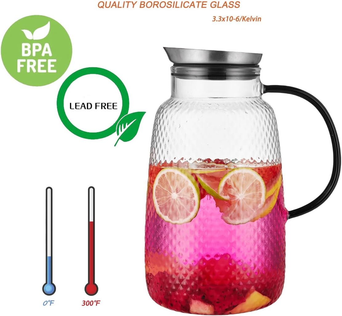 Purefold Pitcher with Lid, Glass Jug with Stainless Steel Lid for Hot and Cold Water, Fruit Tea, Coffee Maker, Ice Tea, Juice, Pineapple Series (Clear, 80 oz) | Fruit tea, coffee, iced tea, juice jug. Leakproof, dishwasher safe. BPA free Pineapple Series