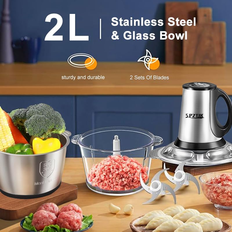 Food Processor, 3-Speed Electric Food Chopper with Vegetable Chopper & Meat Grinder - 2 Bowls (8 Cup Stainless Steel+8 Cup Glass), 300W, 2 Sets of 4 Bi-Level Blades for Vegetable/Fruits/Meat