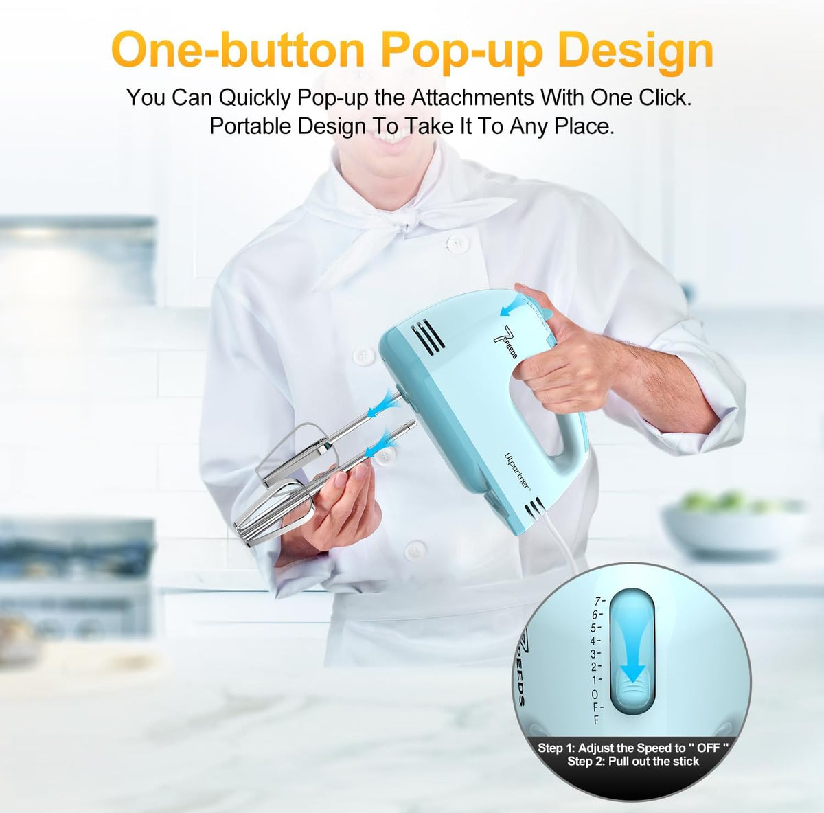LILPARTNER Hand Mixer Electric, Ultra Power Kitchen Hand Mixer With 7-Speed &amp; 5 Stainless Steel Accessories for Whipping Dough, Cream, Cake, Dishwasher Safe, Light Blue