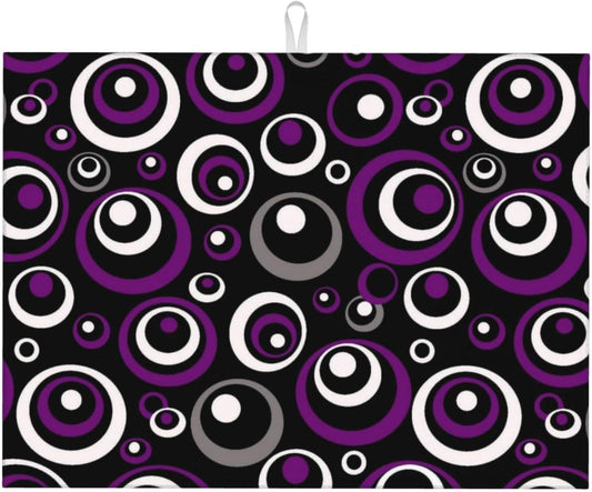 Purple Black White Geometric Circle Pattern Dish Drying Mat for Kitchen Counter, 18x24 inch Absorbent Reversible Microfiber