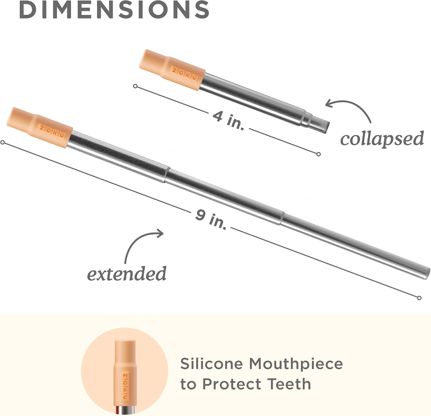 Zoku Reusable Metal Straw with Case, Collapsible Travel Straw - Orange | Collapsible Stainless Steel Drinking Straw with Silicone Tip and Cleaner Brush, Ideal for Key Chains, Pockets, Purses