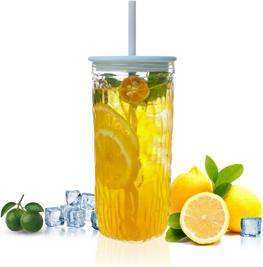 Bark Texture Glass Tumbler with Lid and Straw, Reusable Glass Cup for Coffee, Juice, Water, Tea, Smoothies, Heat Resistant,