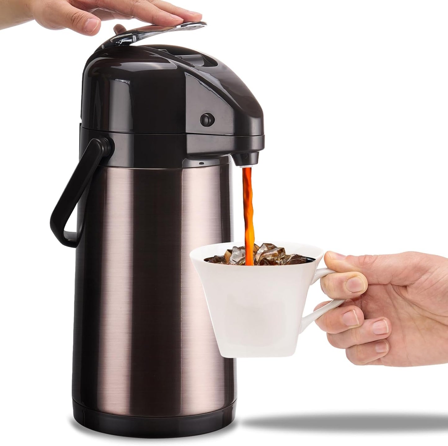 PARACITY Coffee Carafe, 84.5 fl oz/2.5 L Airpot Coffee Dispenser with Pump | Vacuum insulated stainless steel beverage dispenser uses dual pumps and a 360° base for 24-hour hot or 48-hour cold service.