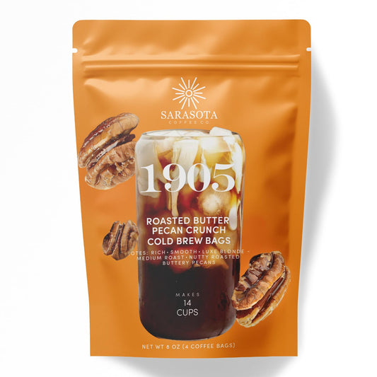 Sarasota Coffee 1905 Cold Brew Coffee Bags | Roasted Butter Pecan Crunch | Blonde-Medium Roast | Low Acid & Smooth | Ground