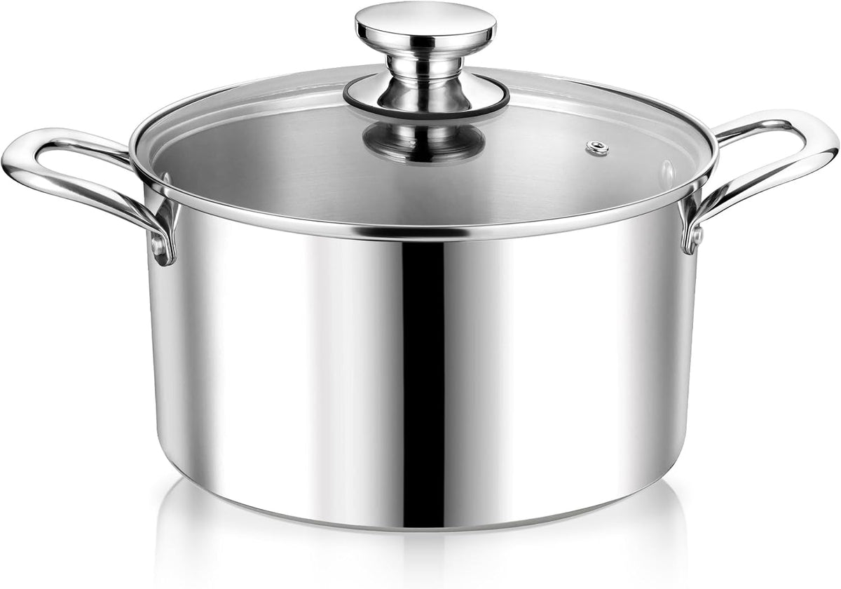 P&P CHEF 4 Quart Tri-Ply Stainless Steel Stock Pot, 4 Qt Stockpot Pasta Cooking Pot with Visible Lid for Soup Vegetable, Induction Cookware for All Stoves, Sturdy & Double Handle, Dishwasher Safe