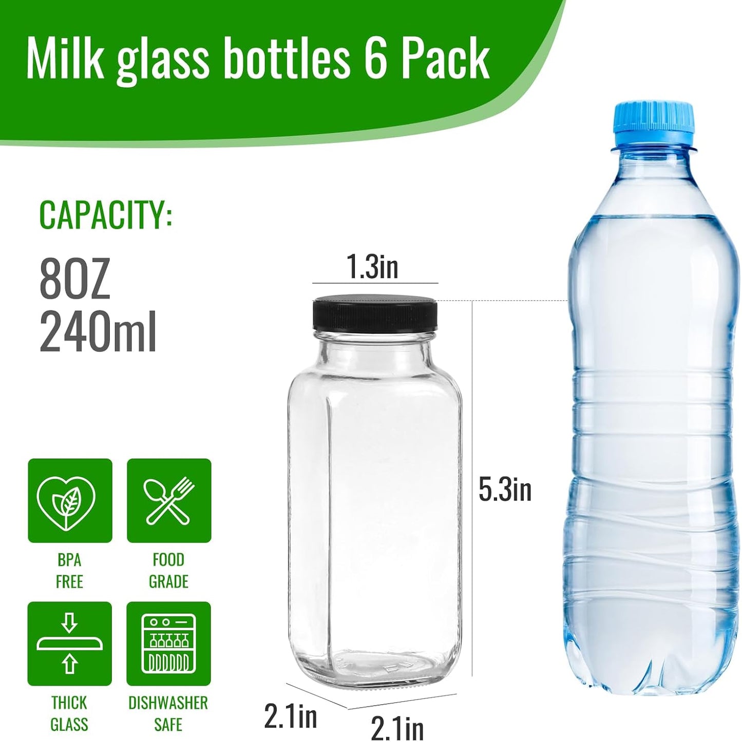 BIGIVACA 8 oz Glass Juice Bottles with Lids,6 PACK Bottles for Juicing,Square Drinking Jars Glass for Coffee,Cola,Milk,Tea in Travel,Work,School