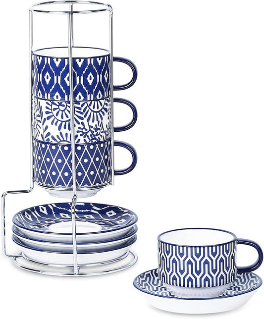 Selamica Ceramic Espresso Cups with Saucers and Metal Stand, 4 OZ Stackable Cappuccino Cups, Demitasse Cups for Latte Coffee