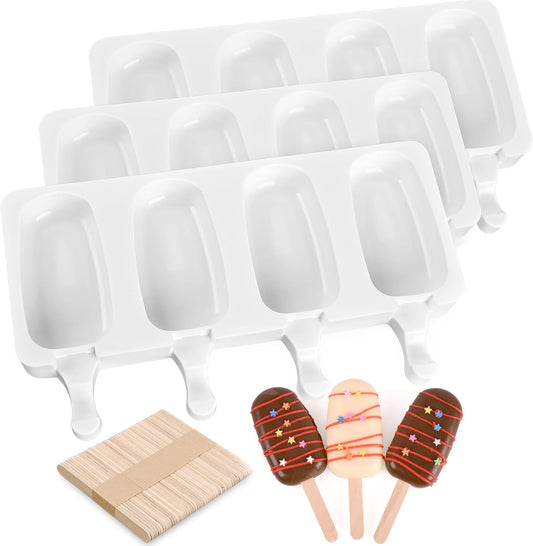 Sakolla 3 Pack Large Popsicle Molds 4 Cavities Cake Pop Silicone Molds Oval Ice Cream Cakesicle Molds for Homemade Ice Pop