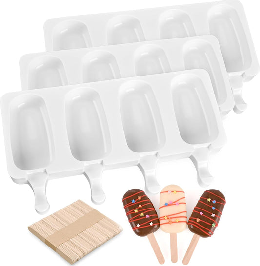 3 Pack 4 Cavity Popsicle Silicone Molds with 100 Pcs Wooden Sticks | Food Grade Silicone, Easy to Use, Homemade Oval Ice Cream Molds for Ice Pop, Cakesicles, Cake Pop