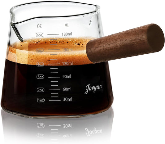 Joeyan 6 oz Glass Measuring Cup with Double Spouts,Borosilicate Espresso Shot Glasses with Wooden Handle,Claer Measuring