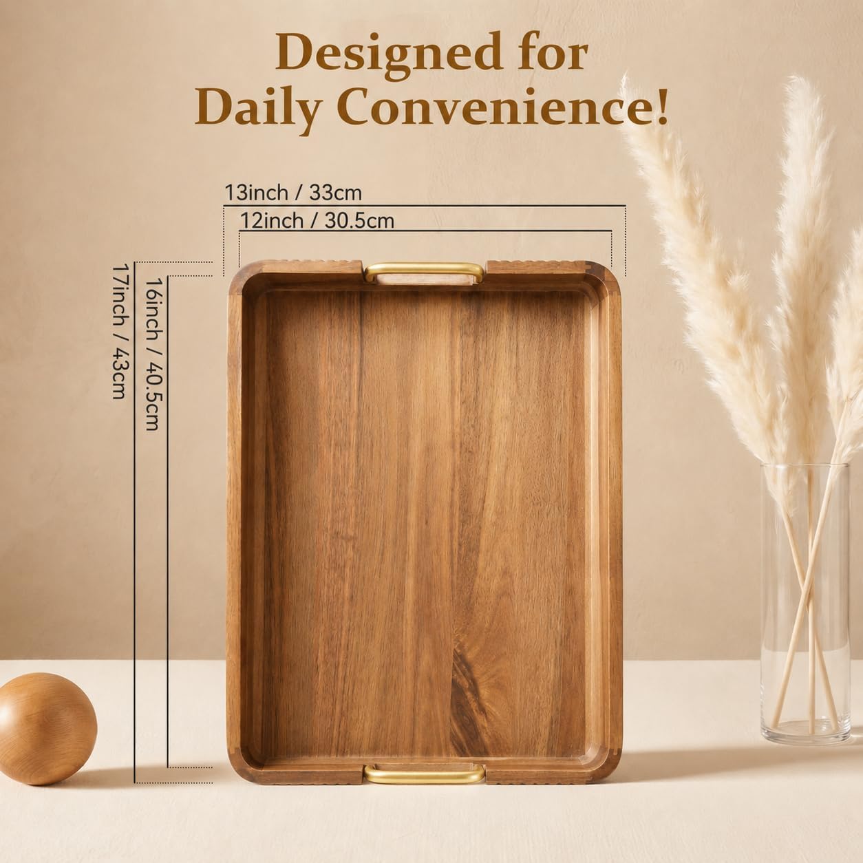 Acacia Wood Serving Tray with Gold Handles (Natural, 17" x 13" x 2") | Decorative coffee table tray for living room &amp; ottoman tray with anti-slip pads, bar tray, Breakfast in Bed and gift box.