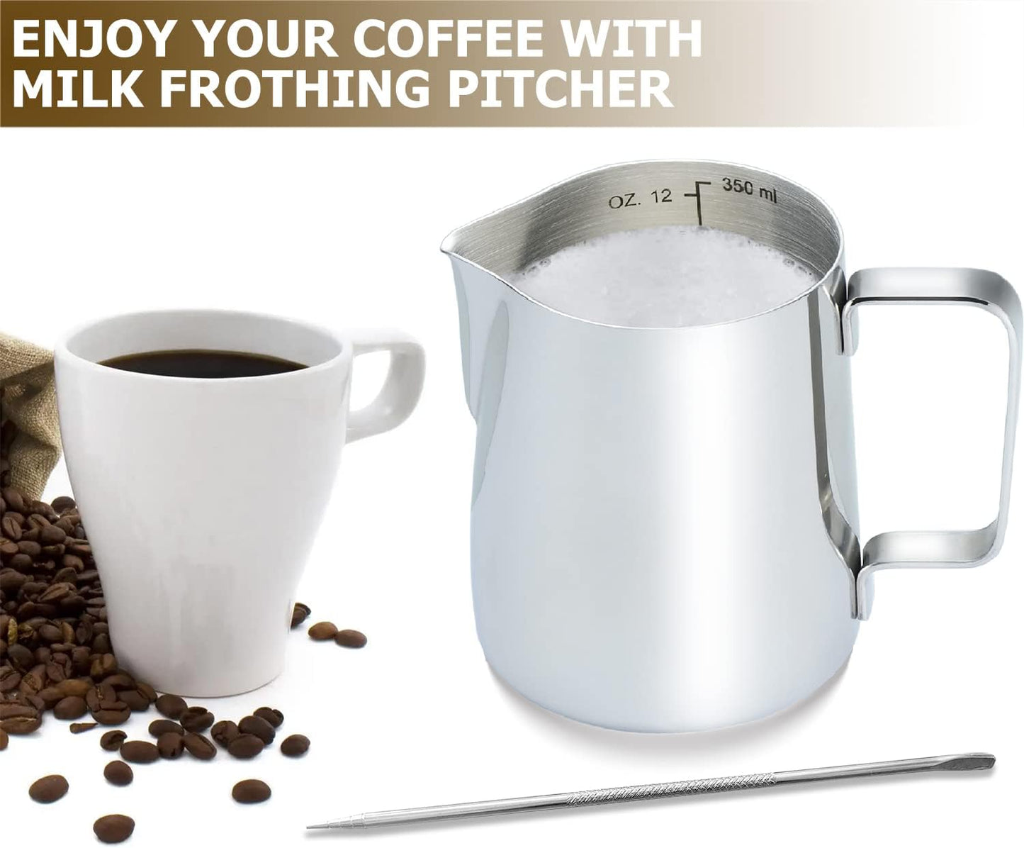 CAMKYDE Milk Frothing Pitcher 20 oz, Stainless Steel Espresso Steaming Pitcher with Decorating Pen for Coffee, Espresso Machines, Cappuccino, Latte Art (Silver)