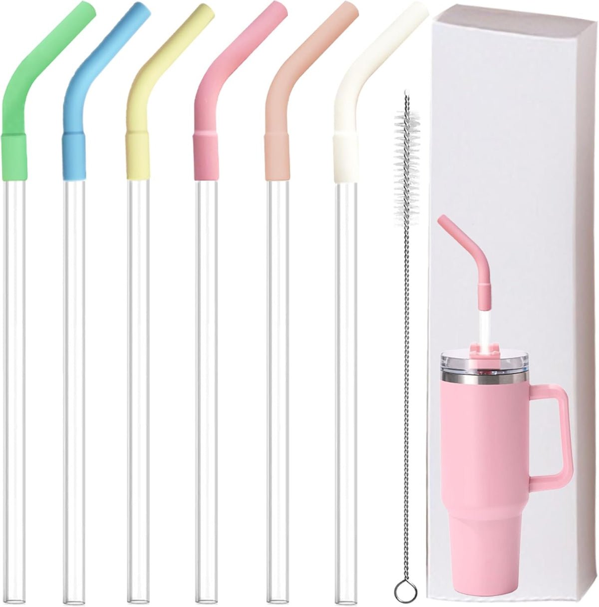 6 Pcs Reusable Color Silicone Straw Tips with Drinking Long Straws Compatible with Stanley 40/30 oz Cup Tumbler, 6 Flex Elbow Silicone Straw Covers for 8-10mm Diameter Straws, 1 Straw Cleaning Brush