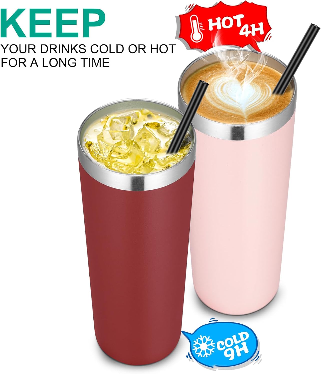 VEGOND 20 oz Stainless Steel Skinny Tumbler with Lids and Straws, 20oz Vacuum Insulated Slim Tumbler Cup, Double Wall Travel Tumblers Bulk for Cold Hot Drinks, Red 6 Pack