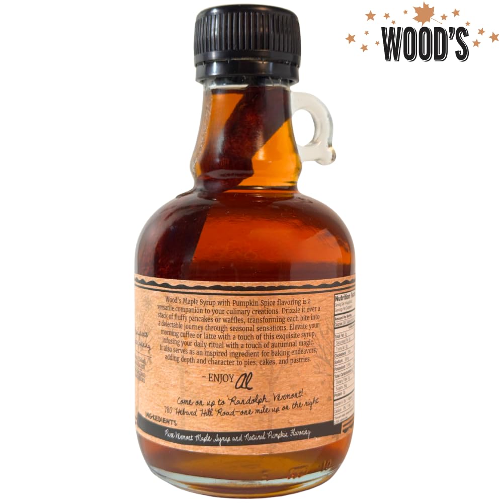 WOOD'S Pumpkin Spice Maple Syrup – Small-Batch Vermont Maple Syrup Infused with Cozy Fall Spices | Natural, Vegan Sweetener for Coffee, Pancakes, Baking &amp; More | 8.45 Fl Oz (250mL)
