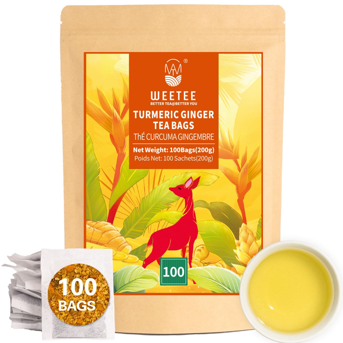 WT WEETEE Turmeric Ginger Tea Bags 100 Count, Rich Antioxidant Warm &amp; Spicy | 100% Pure Turmeric and Ginger Root Herbal Blend Savory &amp; Spicy, Caffeine-free Spice Tea for Golden Milk &amp; Daily Refreshment