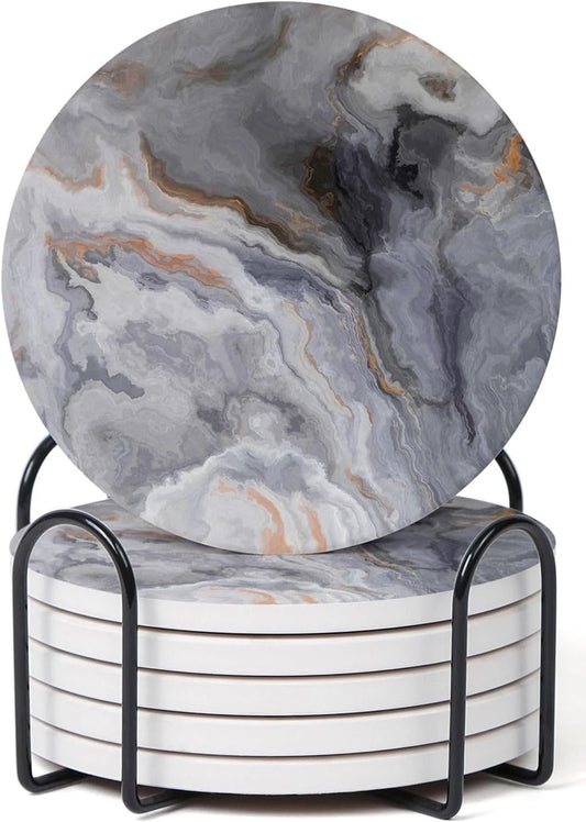 Set of 6 Abstract Dark Blue Marble Coasters with Holder, Absorbent Ceramic Coasters for Drinks, Coasters with Cork Backing