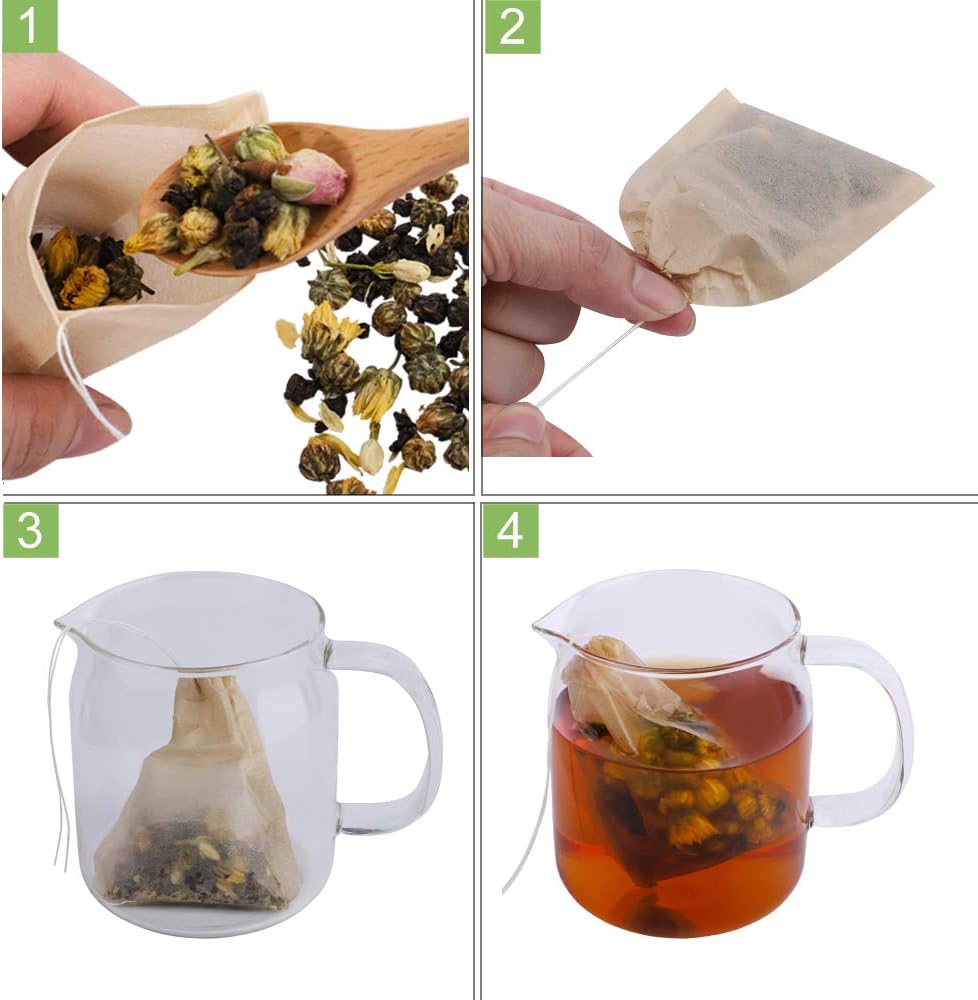 Aksuaple Eco-Fil Disposable Tea Filter Bags for Loose Tea, Wood Pulp Material, Biodegradable and Compostable, Unbleached Empty Tea Infuser Sachets with Drawstring, 100 Pack (3.2inch x 4.0inch) | Wood Pulp Material, Biodegradable and Compostable, Unbleache