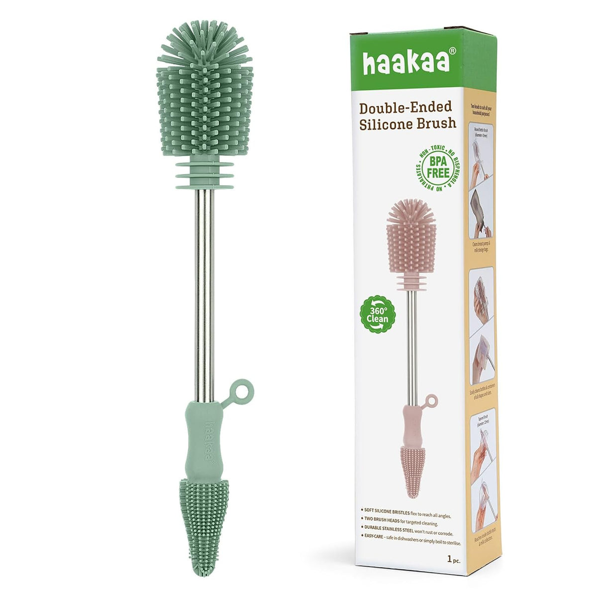 Haakaa Silicone Cleaning Brush for Baby Bottles &amp; Crevices, Pea Green, 1PK