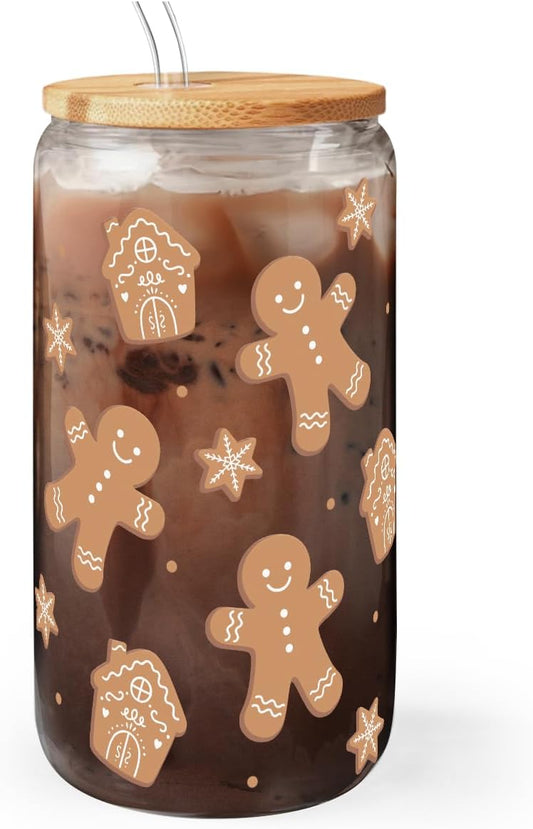 Gingerbread Christmas 16oz Can Glass Tumbler with Bamboo Lid & Straw - Iced Coffee Cup for Women Girls, Aesthetic Cups Gifts