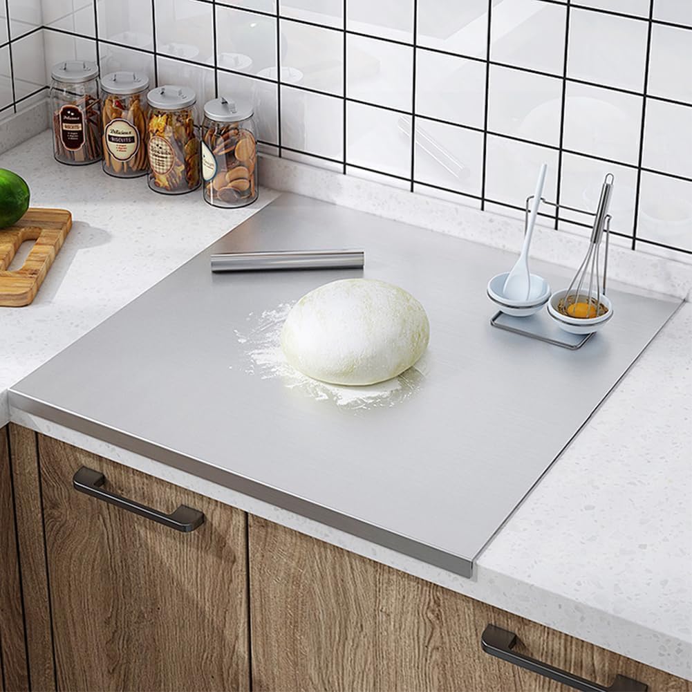 Nisorpa Stainless Steel Cutting Board with Lip Chopping Board 35.4"Lx19.7"W | Heavy-duty metal chopping board with rolling pin, pastry kneading dough board, safe rounded edges for baking prep, stove.