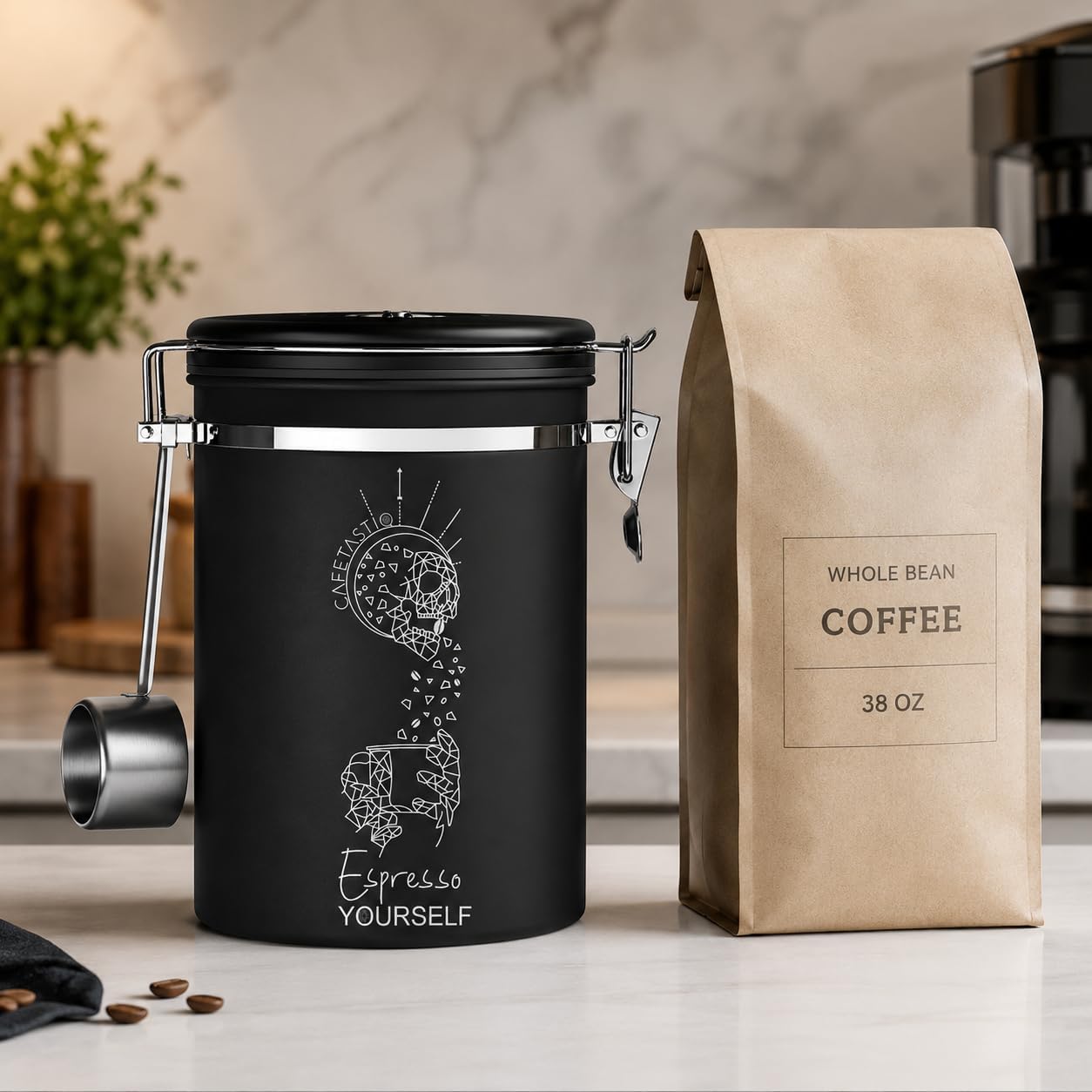 Large Coffee Canister – Airtight Stainless Steel Storage Container with Date Tracker &amp; Scoop, Sealed Jar for Grounds, Beans, Tea, Flour, Cereal, and Sugar (Black Esspresso, 38OZ)